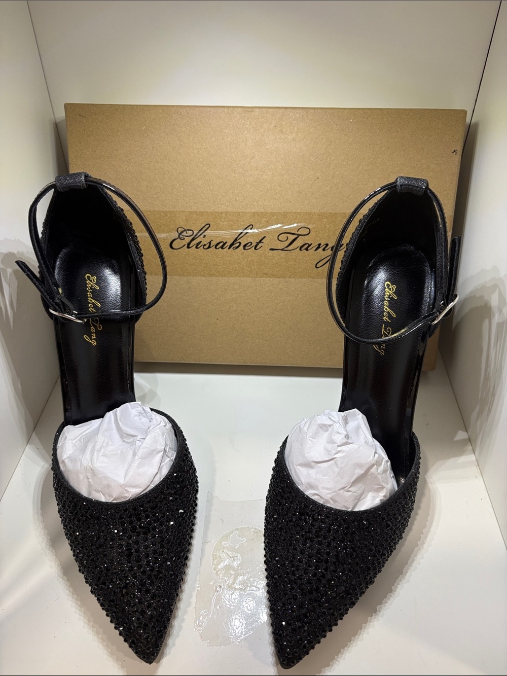 Black Crystal Pointed Toe Ankle Strap Pumps